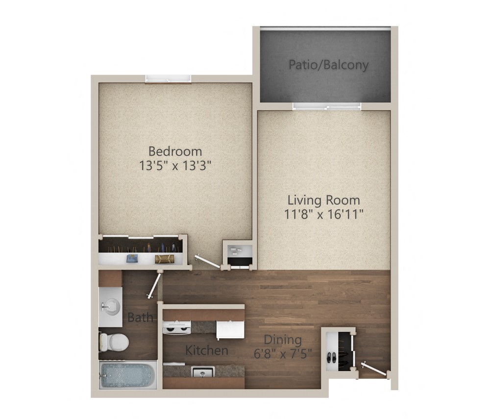 Floor plan for 1 bed, 1 bath, 649 sqft